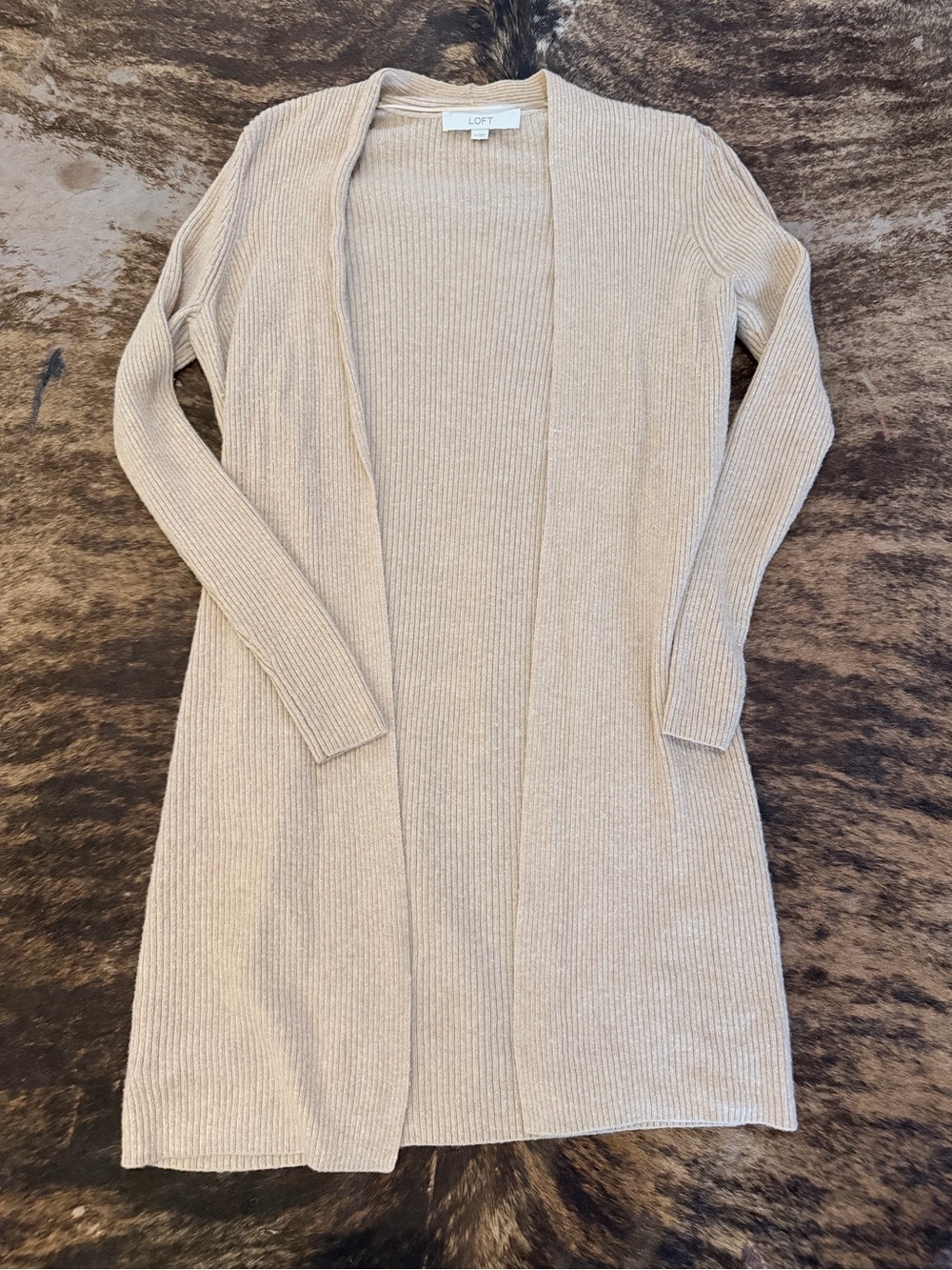 LOFT Long Ribbed Open-Front Cardigan - Beige/Cream